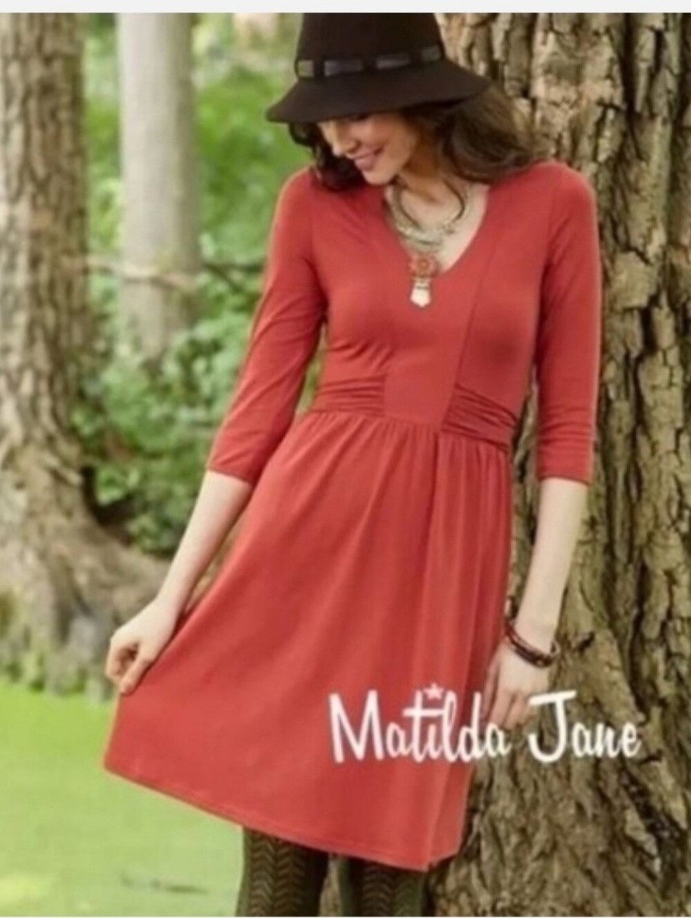 Matilda Jane Burnt Orange Cotton V-Neck Dress Tie Back 3/4 Sleeve